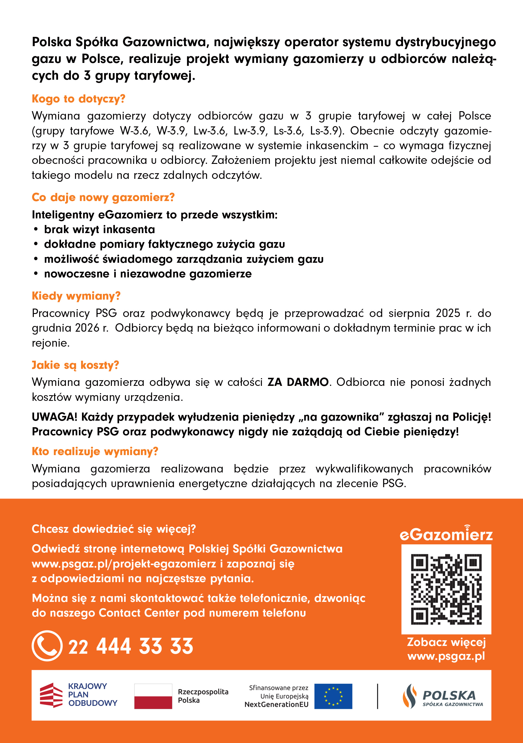 Ulotka pomarańczowo-biała z informacjami o wymianie gazomierzy z kodem qr w prawym dolnym rogu.