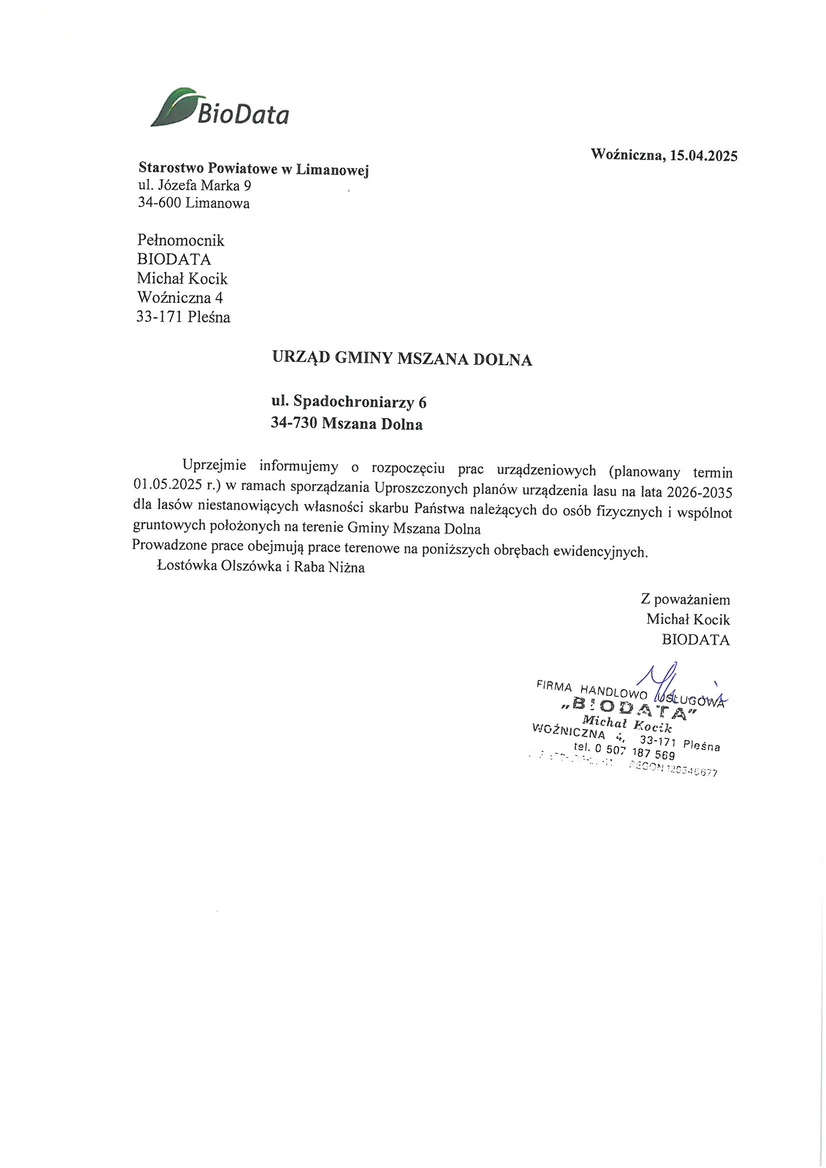Dokument z informacją o przystąpieniu do sporządzenia uproszczonych planów urządzenia lasu na lata 2026-2035